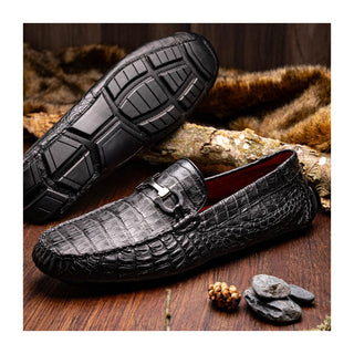 Marco Di Milano Parma Men's Shoes Black Exotic Crocodile Moccasin Driver Horsebit Loafers (MDM1187)