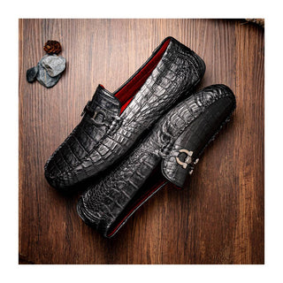 Marco Di Milano Parma Men's Shoes Black Exotic Crocodile Moccasin Driver Horsebit Loafers (MDM1187)