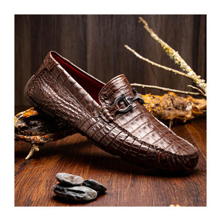 Marco Di Milano Parma Men's Shoes Brown Exotic Crocodile Moccasin Driver Horsebit Loafers (MDM1187)