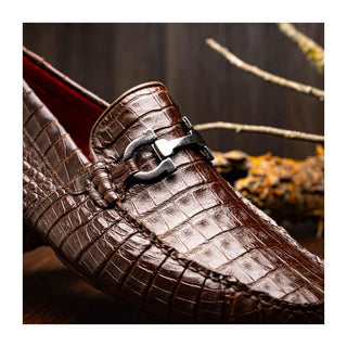 Marco Di Milano Parma Men's Shoes Brown Exotic Crocodile Moccasin Driver Horsebit Loafers (MDM1187)