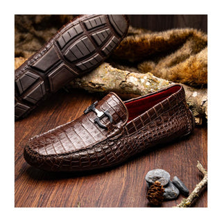 Marco Di Milano Parma Men's Shoes Brown Exotic Crocodile Moccasin Driver Horsebit Loafers (MDM1187)