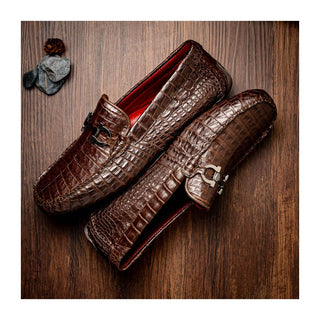 Marco Di Milano Parma Men's Shoes Brown Exotic Crocodile Moccasin Driver Horsebit Loafers (MDM1187)