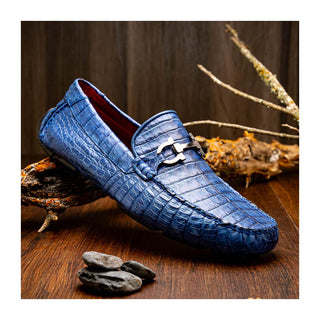 Marco Di Milano Parma Men's Shoes Blue Jeans Exotic Crocodile Moccasin Driver Horsebit Loafers (MDM1187)