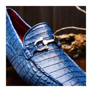 Marco Di Milano Parma Men's Shoes Blue Jeans Exotic Crocodile Moccasin Driver Horsebit Loafers (MDM1187)
