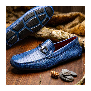 Marco Di Milano Parma Men's Shoes Blue Jeans Exotic Crocodile Moccasin Driver Horsebit Loafers (MDM1187)