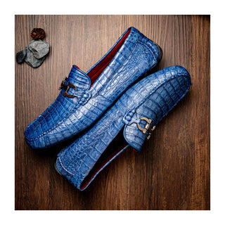 Marco Di Milano Parma Men's Shoes Blue Jeans Exotic Crocodile Moccasin Driver Horsebit Loafers (MDM1187)