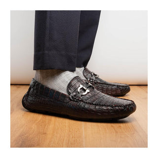 Marco Di Milano Parma Men's Shoes Black Cherry Exotic Crocodile Moccasin Driver Horsebit Loafers (MDM1187)