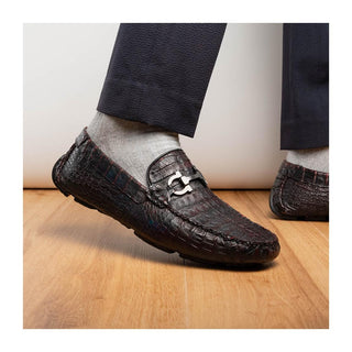 Marco Di Milano Parma Men's Shoes Black Cherry Exotic Crocodile Moccasin Driver Horsebit Loafers (MDM1187)