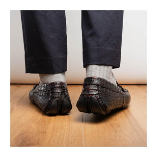 Marco Di Milano Parma Men's Shoes Black Cherry Exotic Crocodile Moccasin Driver Horsebit Loafers (MDM1187)