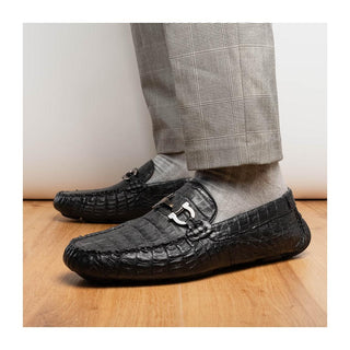 Marco Di Milano Parma Men's Shoes Black Exotic Crocodile Moccasin Driver Horsebit Loafers (MDM1187)