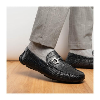Marco Di Milano Parma Men's Shoes Black Exotic Crocodile Moccasin Driver Horsebit Loafers (MDM1187)
