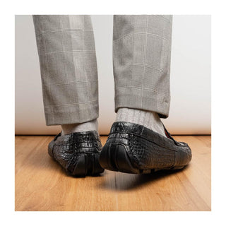 Marco Di Milano Parma Men's Shoes Black Exotic Crocodile Moccasin Driver Horsebit Loafers (MDM1187)