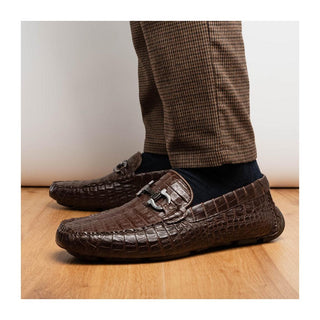 Marco Di Milano Parma Men's Shoes Brown Exotic Crocodile Moccasin Driver Horsebit Loafers (MDM1187)
