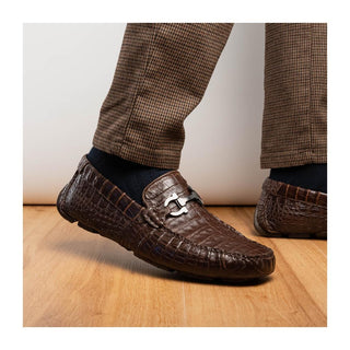 Marco Di Milano Parma Men's Shoes Brown Exotic Crocodile Moccasin Driver Horsebit Loafers (MDM1187)