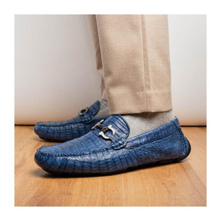 Marco Di Milano Parma Men's Shoes Blue Jeans Exotic Crocodile Moccasin Driver Horsebit Loafers (MDM1187)