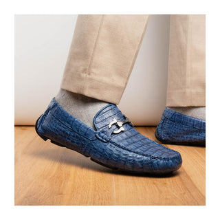Marco Di Milano Parma Men's Shoes Blue Jeans Exotic Crocodile Moccasin Driver Horsebit Loafers (MDM1187)