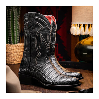 Marco Di Milano Phoenix Men's Shoes Black Exotic Crocodile Skin Cowboy Boot (MDM1237)