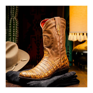 Marco Di Milano Phoenix Men's Shoes Mustard Brown Exotic Crocodile Skin Cowboy Boot (MDM1234)