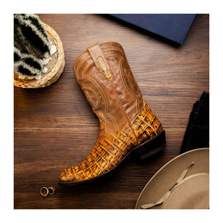 Marco Di Milano Phoenix Men's Shoes Mustard Brown Exotic Crocodile Skin Cowboy Boot (MDM1234)