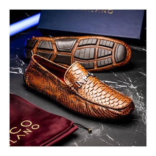 Marco Di Milano Pia Men's Shoes Cognac Exotic Python Skin Horse-Bit Loafer (MDM1240)