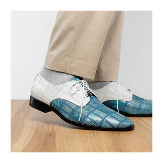 Marco Di Milano Pissa Men's Shoes Aqua & White Genuine Caiman Crocodile / Lizard Patchwork Derby (MDM1209)