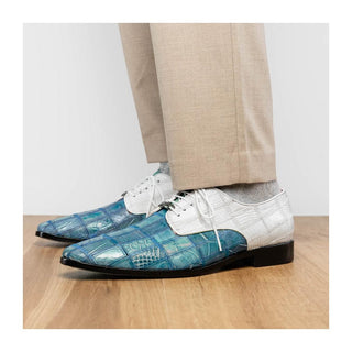 Marco Di Milano Pissa Men's Shoes Aqua & White Genuine Caiman Crocodile / Lizard Patchwork Derby (MDM1209)
