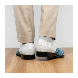 Marco Di Milano Pissa Men's Shoes Aqua & White Genuine Caiman Crocodile / Lizard Patchwork Derby (MDM1209)