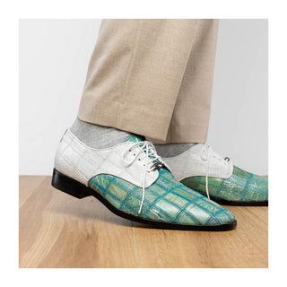 Marco Di Milano Pissa Men's Shoes Turquoise & White Genuine Caiman Crocodile / Lizard Patchwork Derby (MDM1209)