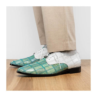 Marco Di Milano Pissa Men's Shoes Turquoise & White Genuine Caiman Crocodile / Lizard Patchwork Derby (MDM1209)