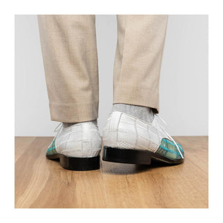 Marco Di Milano Pissa Men's Shoes Turquoise & White Genuine Caiman Crocodile / Lizard Patchwork Derby (MDM1209)