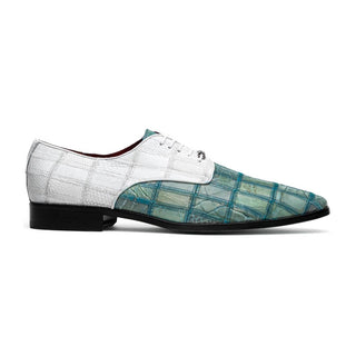 Marco Di Milano Pissa Men's Shoes Turquoise & White Genuine Caiman Crocodile / Lizard Patchwork Derby (MDM1209)