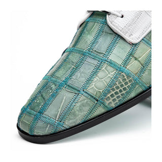 Marco Di Milano Pissa Men's Shoes Turquoise & White Genuine Caiman Crocodile / Lizard Patchwork Derby (MDM1209)