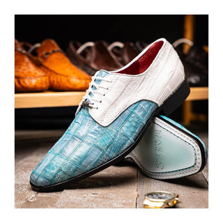 Marco Di Milano Pissa Men's Shoes Aqua & White Genuine Caiman Crocodile / Lizard Patchwork Derby (MDM1209)