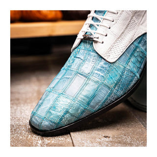 Marco Di Milano Pissa Men's Shoes Aqua & White Genuine Caiman Crocodile / Lizard Patchwork Derby (MDM1209)