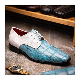 Marco Di Milano Pissa Men's Shoes Aqua & White Genuine Caiman Crocodile / Lizard Patchwork Derby (MDM1209)