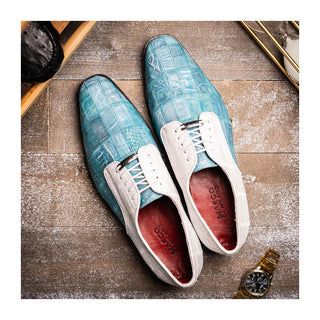 Marco Di Milano Pissa Men's Shoes Aqua & White Genuine Caiman Crocodile / Lizard Patchwork Derby (MDM1209)