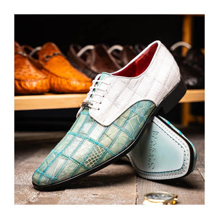 Marco Di Milano Pissa Men's Shoes Turquoise & White Genuine Caiman Crocodile / Lizard Patchwork Derby (MDM1209)