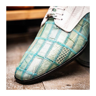 Marco Di Milano Pissa Men's Shoes Turquoise & White Genuine Caiman Crocodile / Lizard Patchwork Derby (MDM1209)