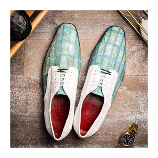 Marco Di Milano Pissa Men's Shoes Turquoise & White Genuine Caiman Crocodile / Lizard Patchwork Derby (MDM1209)