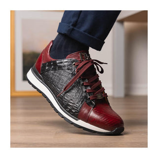 Marco Di Milano Portici Men's Shoes Wine & Black Exotic Lizard / Crocodile Casual Sneakers (MDM1016)