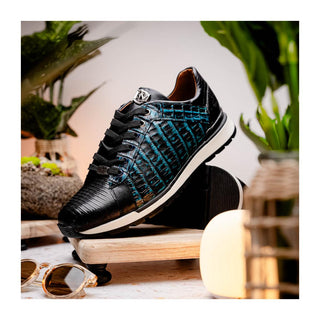Marco Di Milano Portici Men's Shoes Navy & Black Exotic Lizard / Crocodile Casual Sneakers (MDM1016)