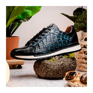 Marco Di Milano Portici Men's Shoes Navy & Black Exotic Lizard / Crocodile Casual Sneakers (MDM1016)