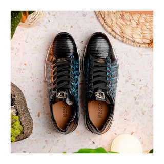 Marco Di Milano Portici Men's Shoes Navy & Black Exotic Lizard / Crocodile Casual Sneakers (MDM1016)