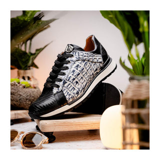 Marco Di Milano Portici Men's Shoes Newspaper & Black Exotic Lizard / Crocodile Casual Sneakers (MDM1016)