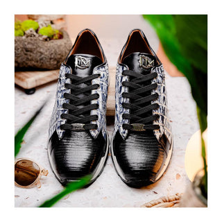 Marco Di Milano Portici Men's Shoes Newspaper & Black Exotic Lizard / Crocodile Casual Sneakers (MDM1016)