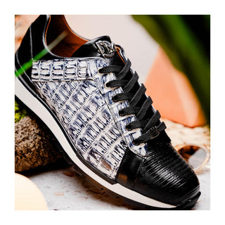 Marco Di Milano Portici Men's Shoes Newspaper & Black Exotic Lizard / Crocodile Casual Sneakers (MDM1016)