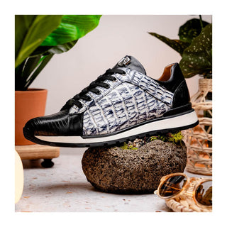 Marco Di Milano Portici Men's Shoes Newspaper & Black Exotic Lizard / Crocodile Casual Sneakers (MDM1016)