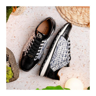 Marco Di Milano Portici Men's Shoes Newspaper & Black Exotic Lizard / Crocodile Casual Sneakers (MDM1016)