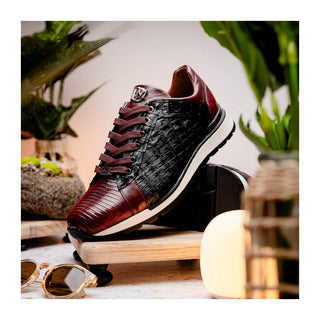 Marco Di Milano Portici Men's Shoes Wine & Black Exotic Lizard / Crocodile Casual Sneakers (MDM1016)