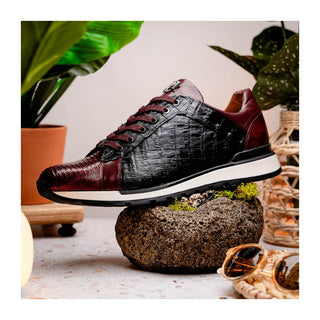 Marco Di Milano Portici Men's Shoes Wine & Black Exotic Lizard / Crocodile Casual Sneakers (MDM1016)